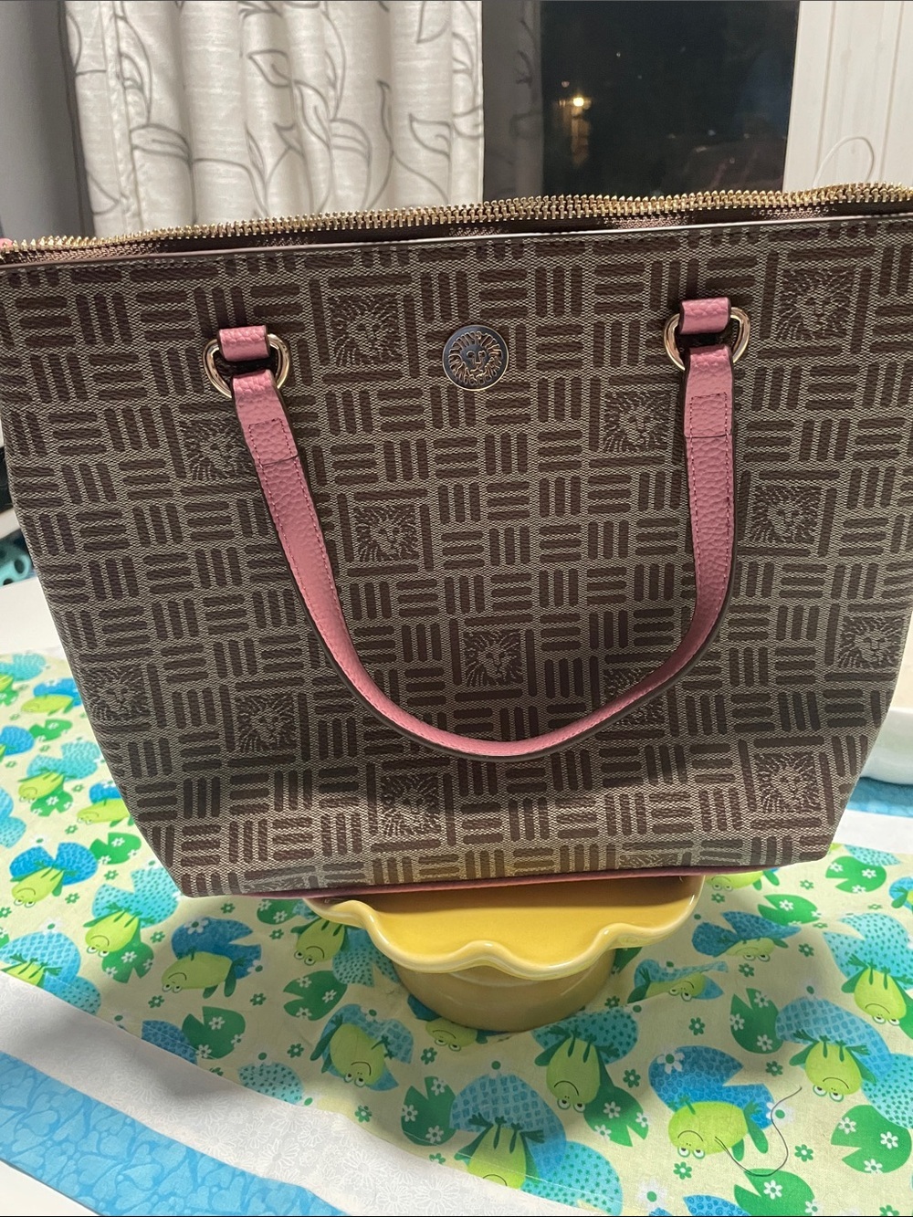 Anne Klein Brown Patterned Tote with Pink Handles